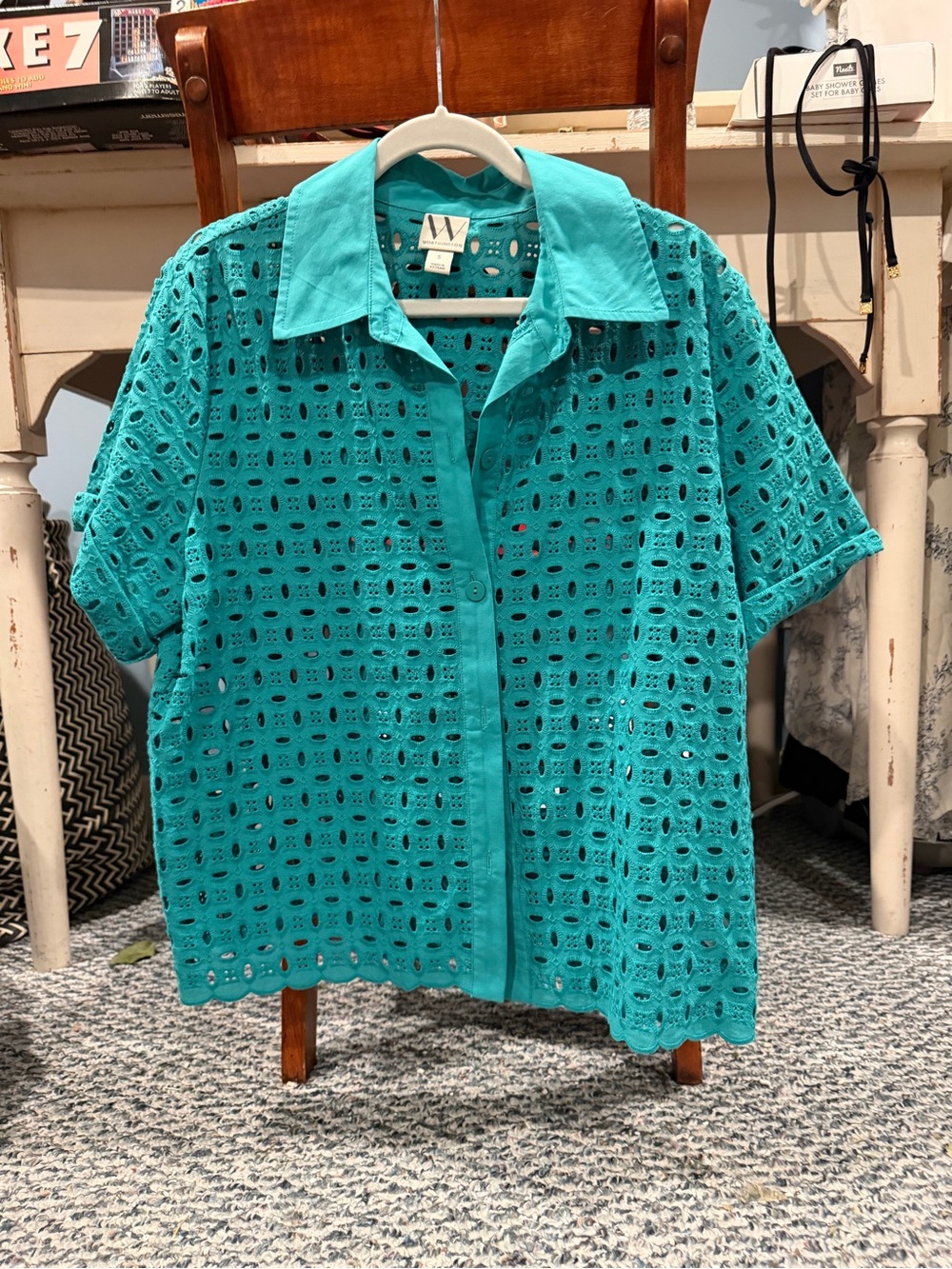 Worthington Teal Eyelet Short-Sleeve Button-Down Shirt